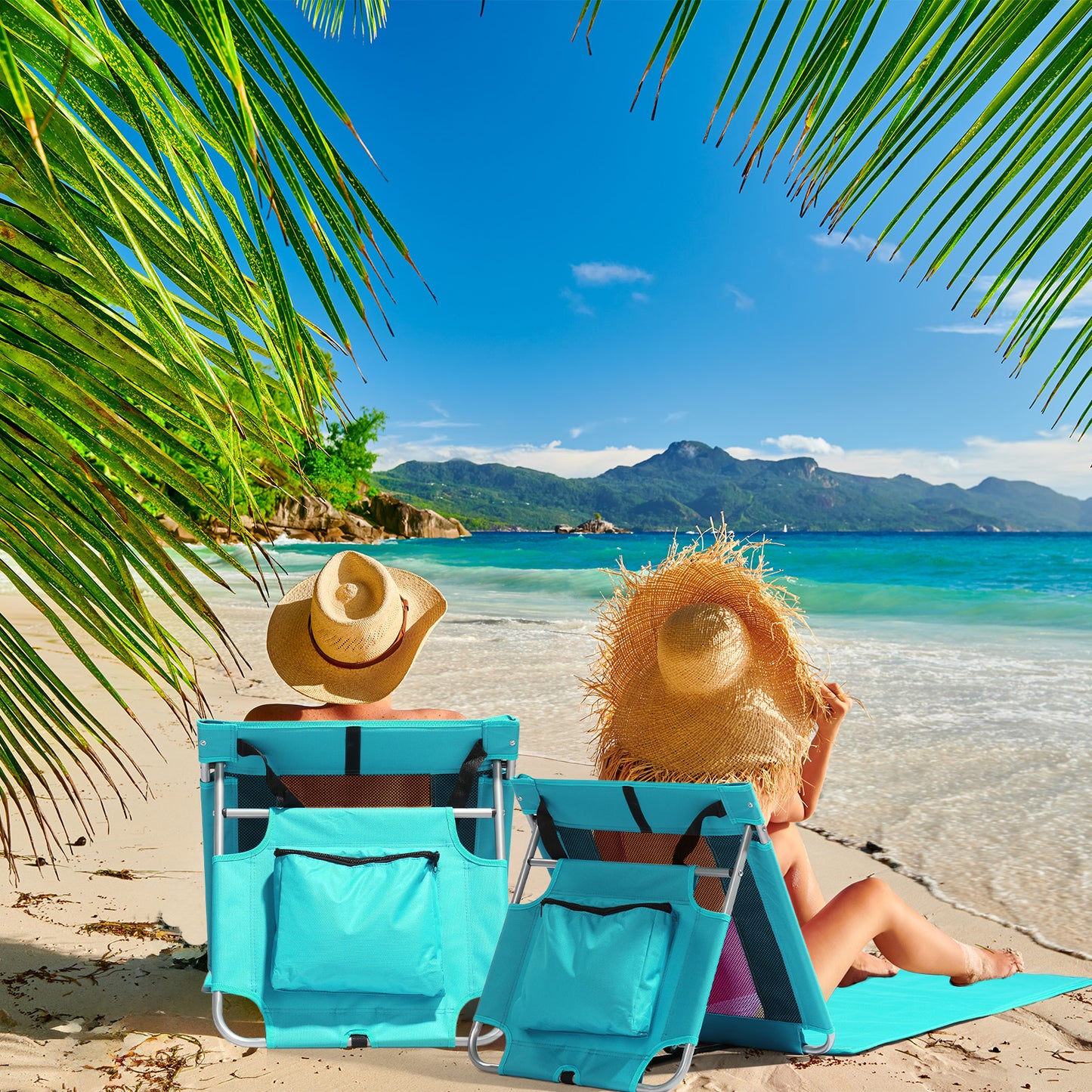 Foldable Beach Lounger, Lightweight Beach Mat Lounge Chair with Breathable Mesh Back, Cooler Pocket for Tanning Relaxing, Mint Green