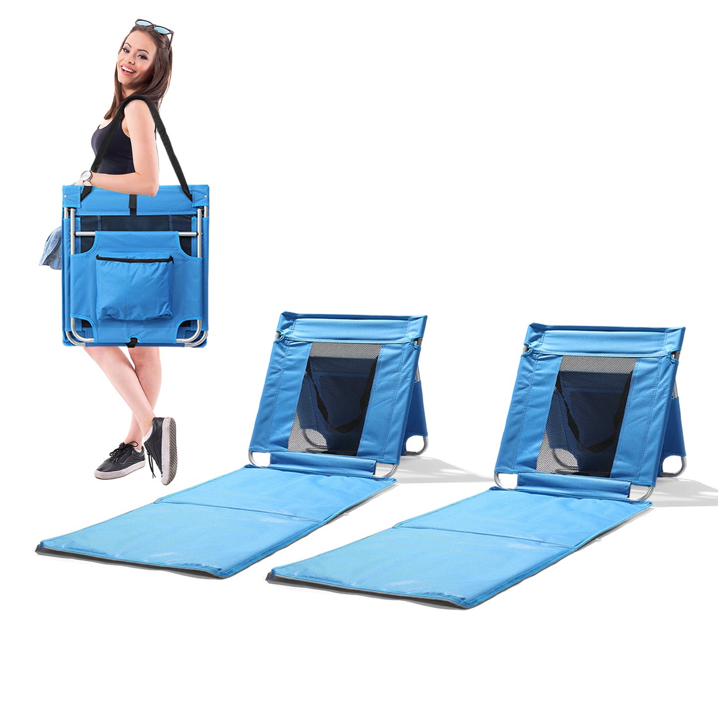 Foldable Beach Lounger, Lightweight Beach Mat Lounge Chair with Breathable Mesh Back, Cooler Pocket for Tanning Relaxing, Blue
