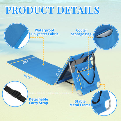 Foldable Beach Lounger, Lightweight Beach Mat Lounge Chair with Breathable Mesh Back, Cooler Pocket for Tanning Relaxing, Blue