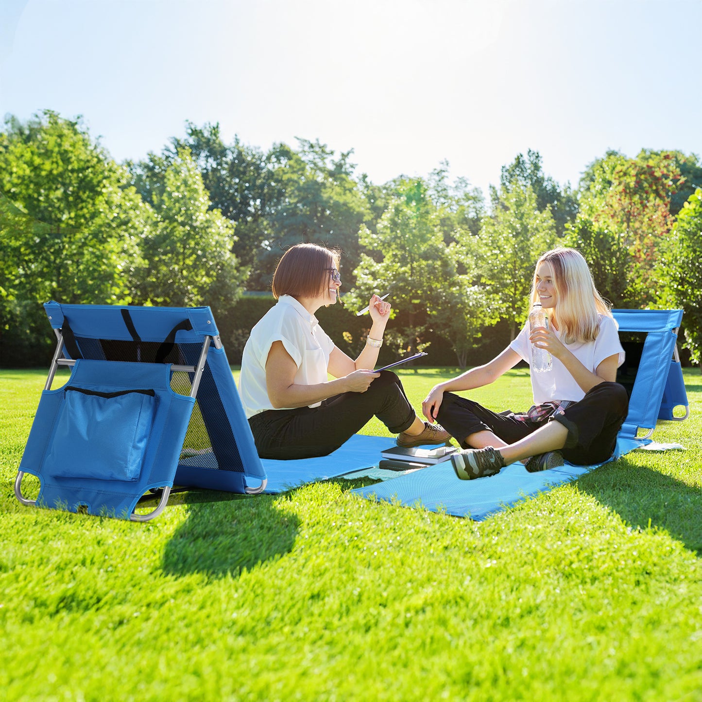 Foldable Beach Lounger, Lightweight Beach Mat Lounge Chair with Breathable Mesh Back, Cooler Pocket for Tanning Relaxing, Blue