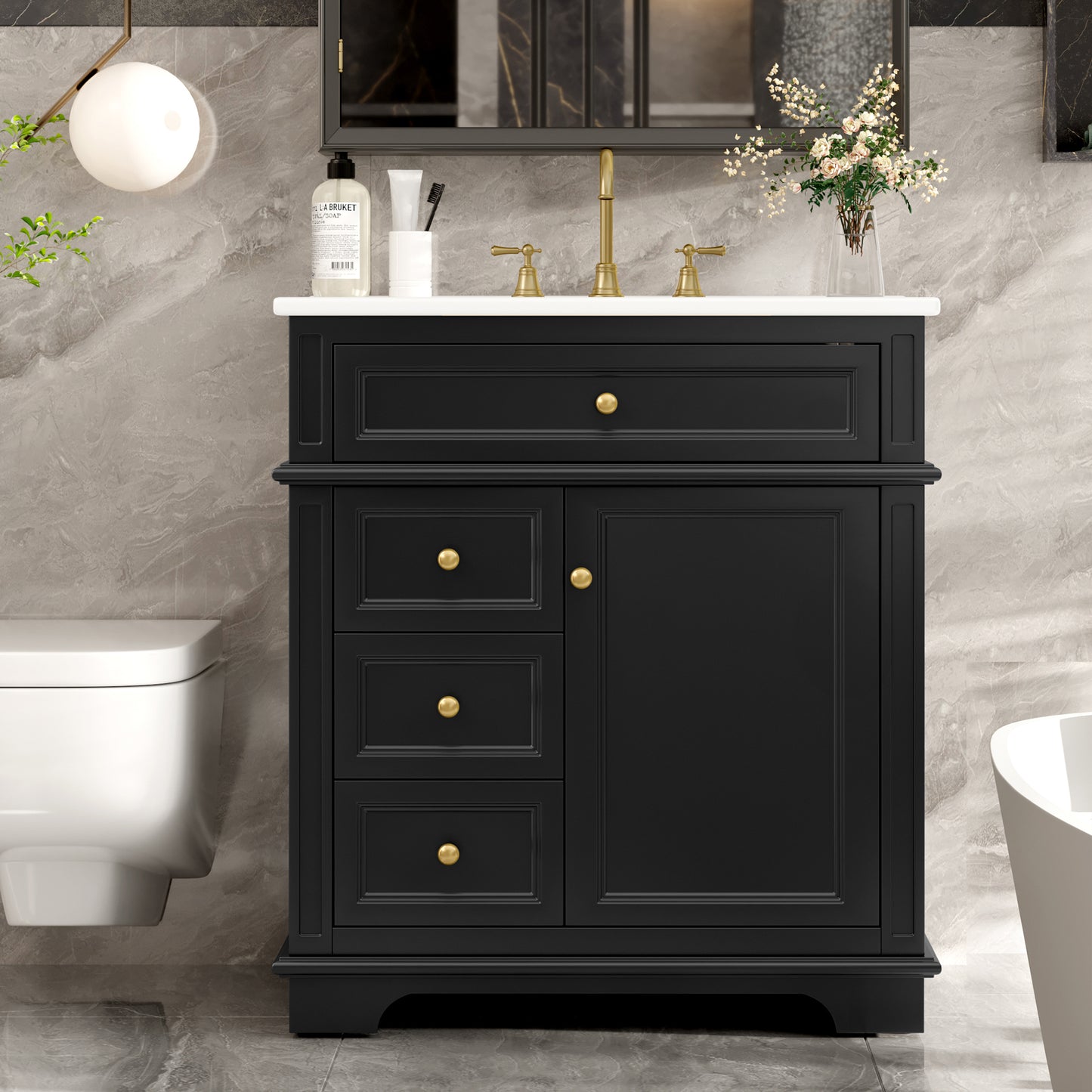 30" Bathroom Vanity with Sink, One Tip-out Drawer, Three Drawers, Door Shelf, Soft Closing Door, Black