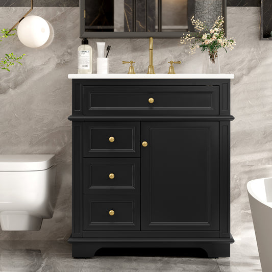 30" Bathroom Vanity with Sink, One Tip-out Drawer, Three Drawers, Door Shelf, Soft Closing Door, Black