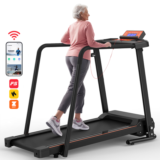 Walking Treadmill for Senior with Long Handrail, 300 lbs Capacity, 3 HP Quiet Motor, Recovery Fitness Exercise Machine Foldable Elderly Treadmills for Home with LCD Display, Holder for Phone & Cup