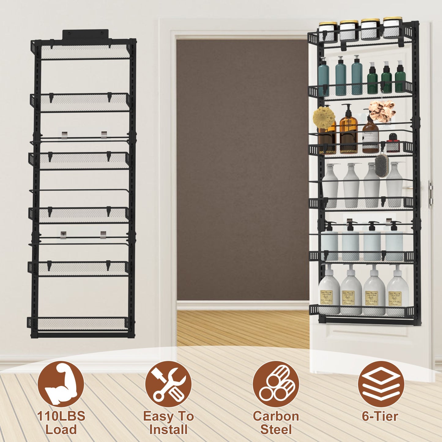 6-Tier Over the Door Pantry Organizer, Large Metal Door Spice Rack, Hanging Heavy-Duty Pantry Door Storage Shelf  10LBS Loading Easy Install Behind Door Storagefor Kitchen and Bathroom, Black