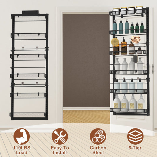 6-Tier Over the Door Pantry Organizer, Large Metal Door Spice Rack, Hanging Heavy-Duty Pantry Door Storage Shelf  10LBS Loading Easy Install Behind Door Storagefor Kitchen and Bathroom, Black