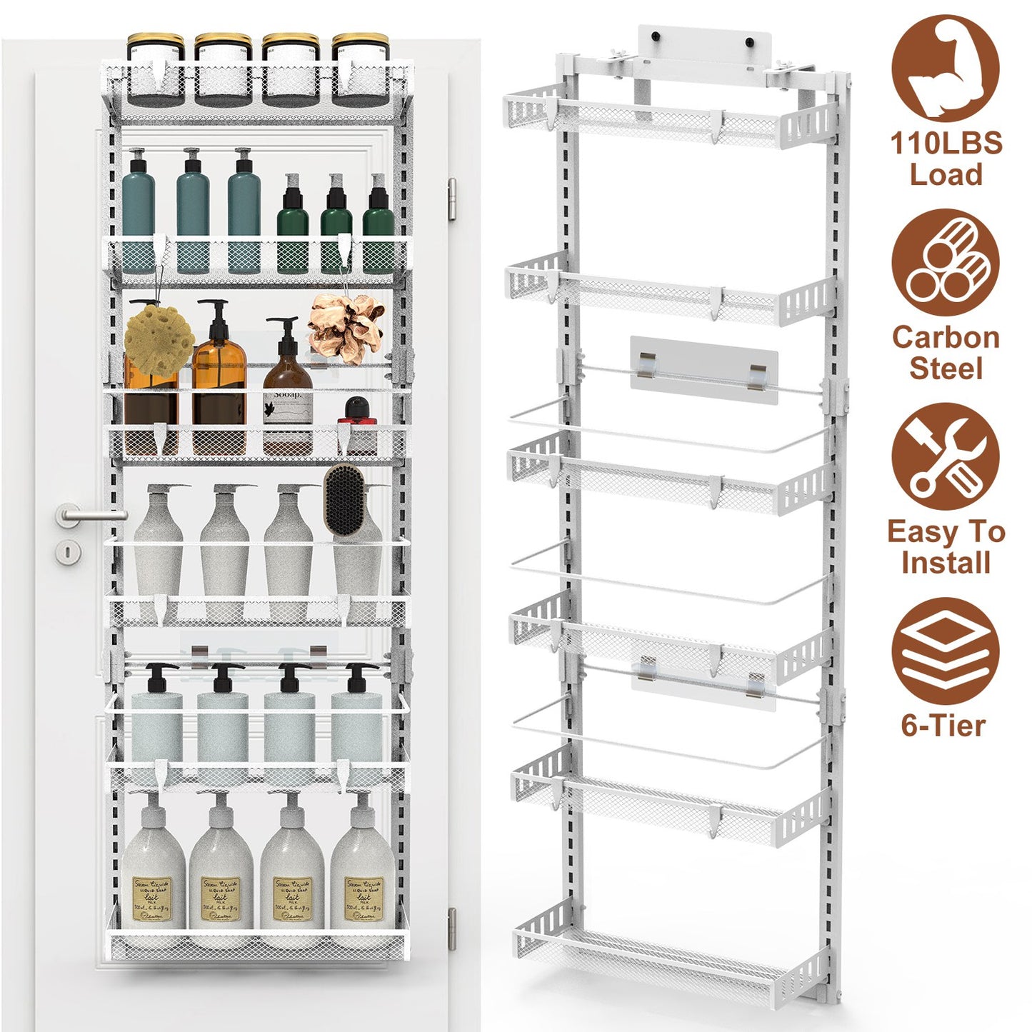 6-Tier Over the Door Pantry Organizer, Large Metal Door Spice Rack, Hanging Heavy-Duty Pantry Door Storage Shelf  10LBS Loading Easy Install Behind Door Storagefor Kitchen and Bathroom, White