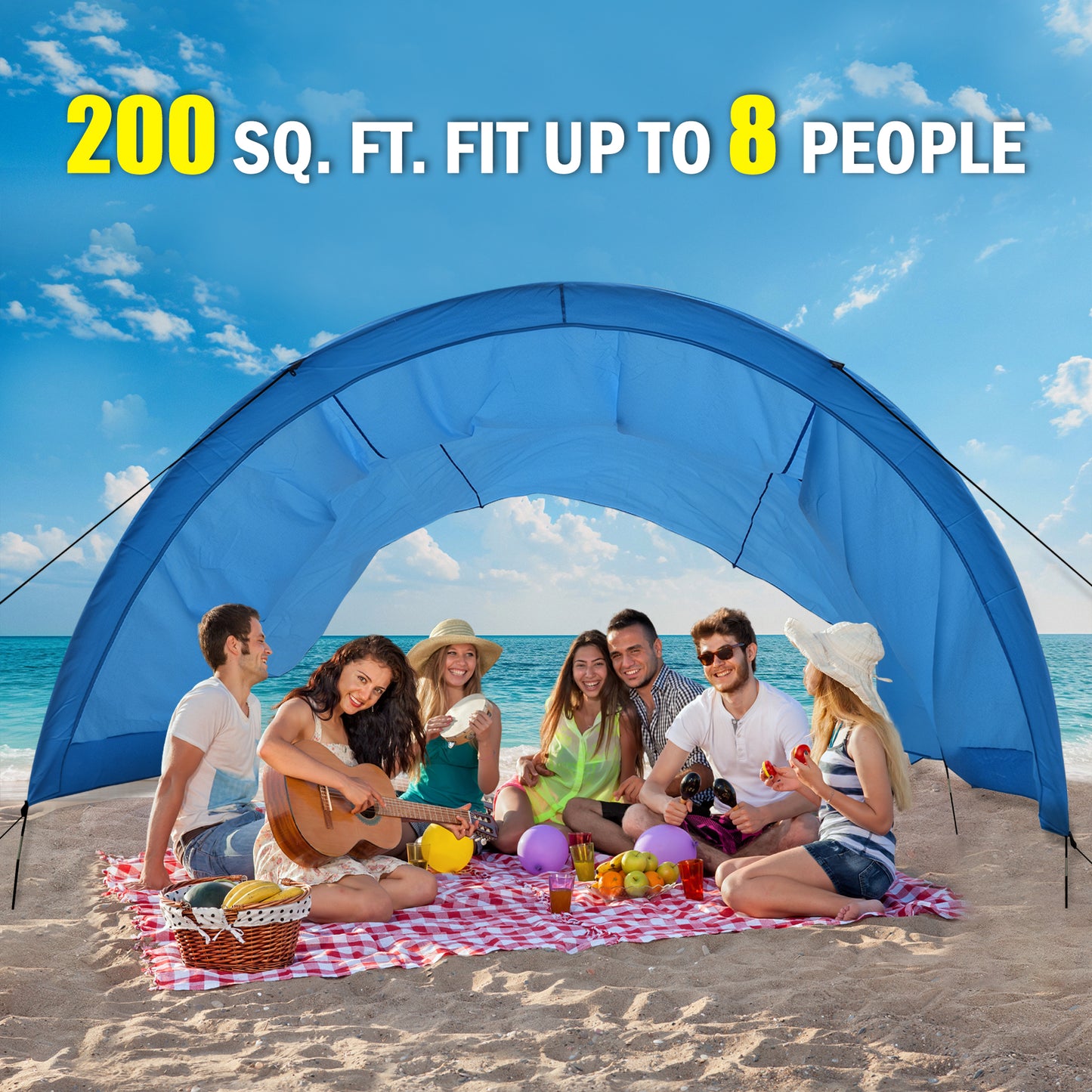 Extra-large camping beach tent suitable for 4-8 people, UV protection, comes with ground spikes and rope accessories, (Walmart, Amazon prohibited) (No weekend delivery)