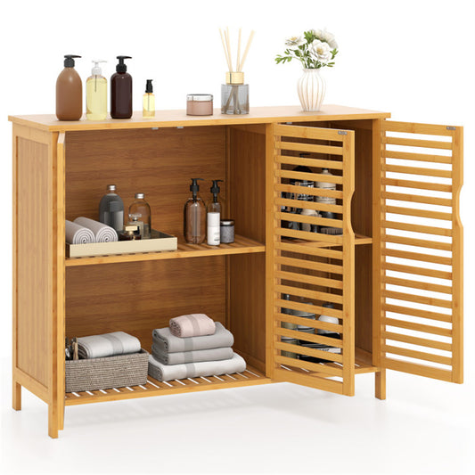 39.5"x14"x31.5" Natural Bamboo Bathroom Cabinet - 3-Door Design + Multiple Shelves, Ample Storage for Towels/Toiletries