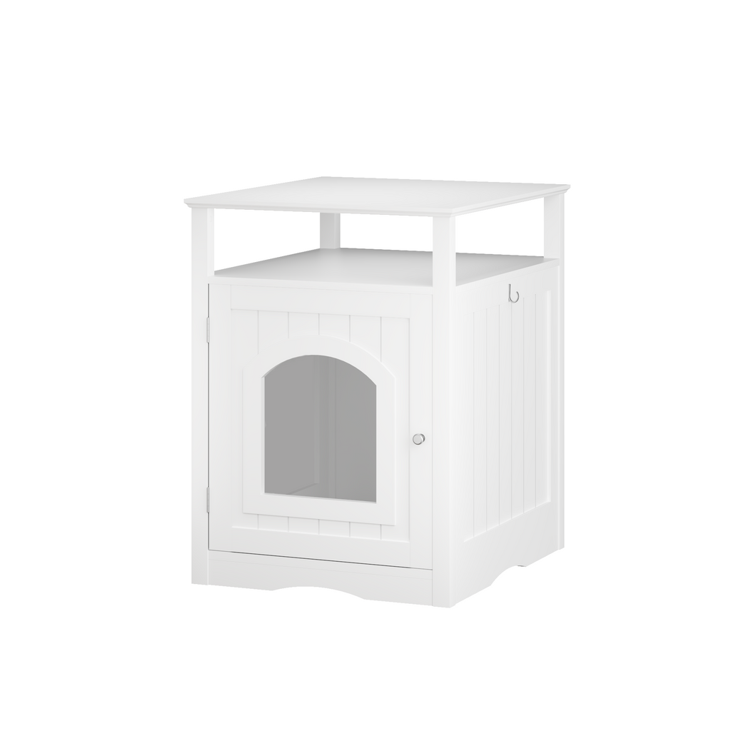 Litter Box Enclosure with Open Storage Shelf and Side Hook, Hidden Cat Litter Box Side Table, White