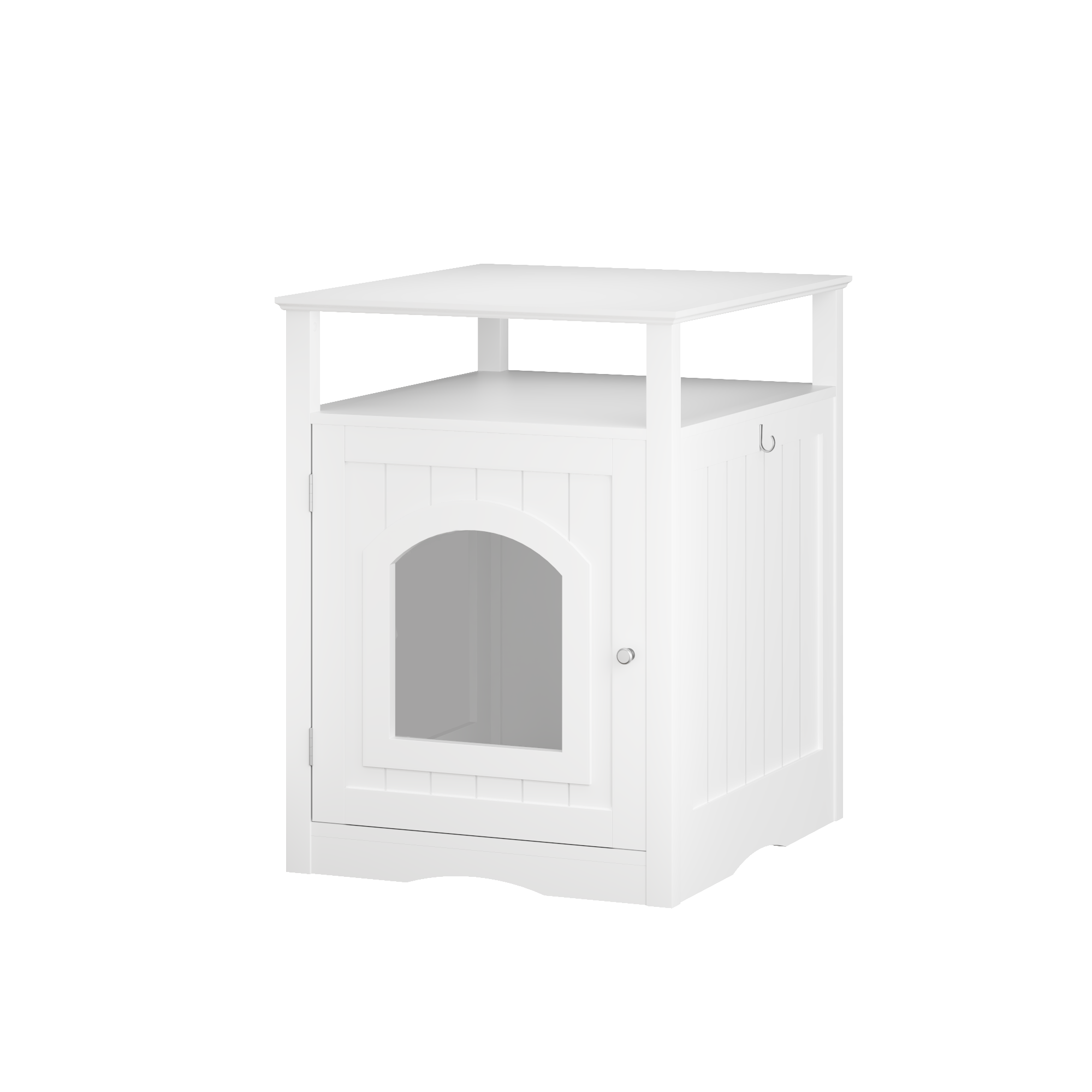 Litter Box Enclosure with Open Storage Shelf and Side Hook, Hidden Cat Litter Box Side Table, White