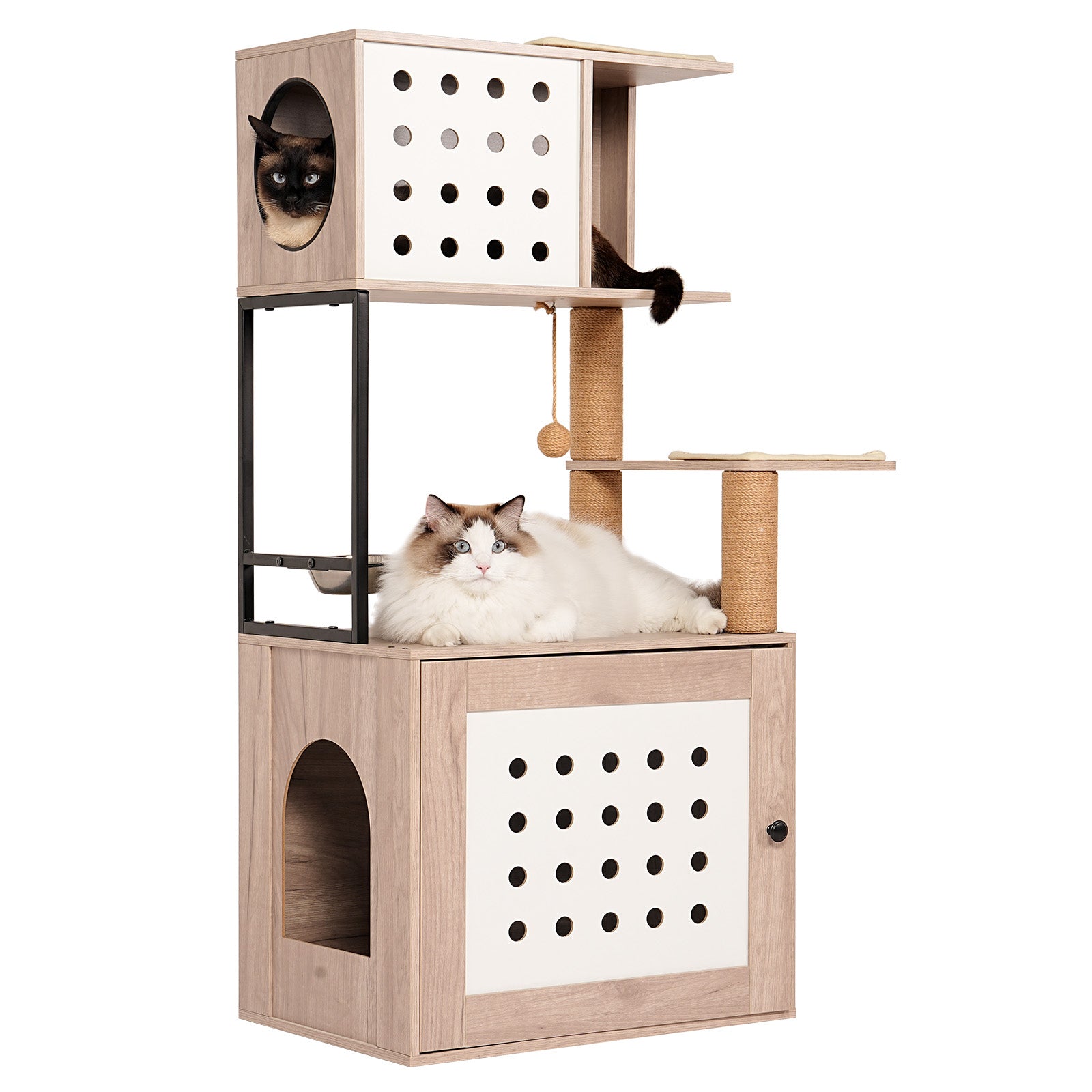 Cat Tree with Litter Box Enclosure, Multi-Level Cat Furniture with Scratching Posts, Cat Condo and Feeding Station, Natural / White