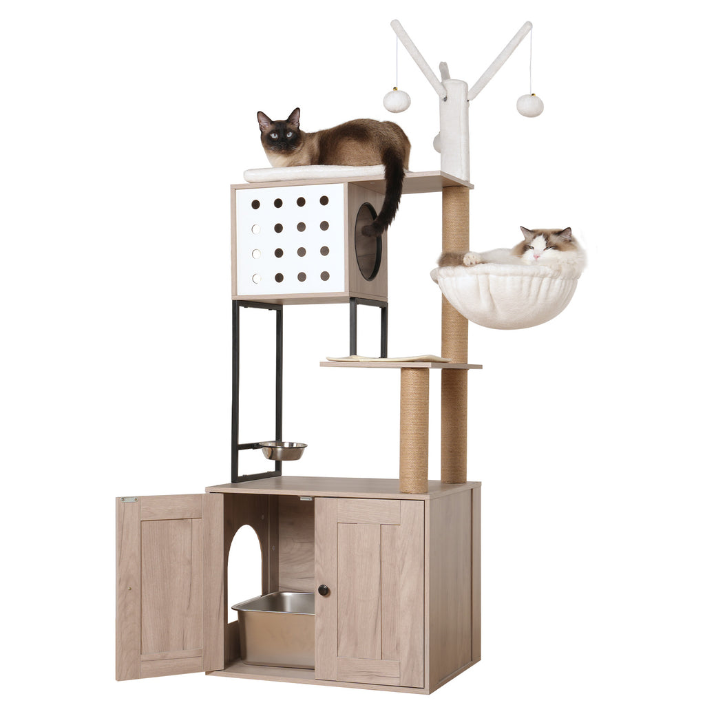 Cat Tree with Litter Box Enclosure, Multi-Level Cat Furniture with Condo, Hammock and Sisal Scratching Posts, Natural / White