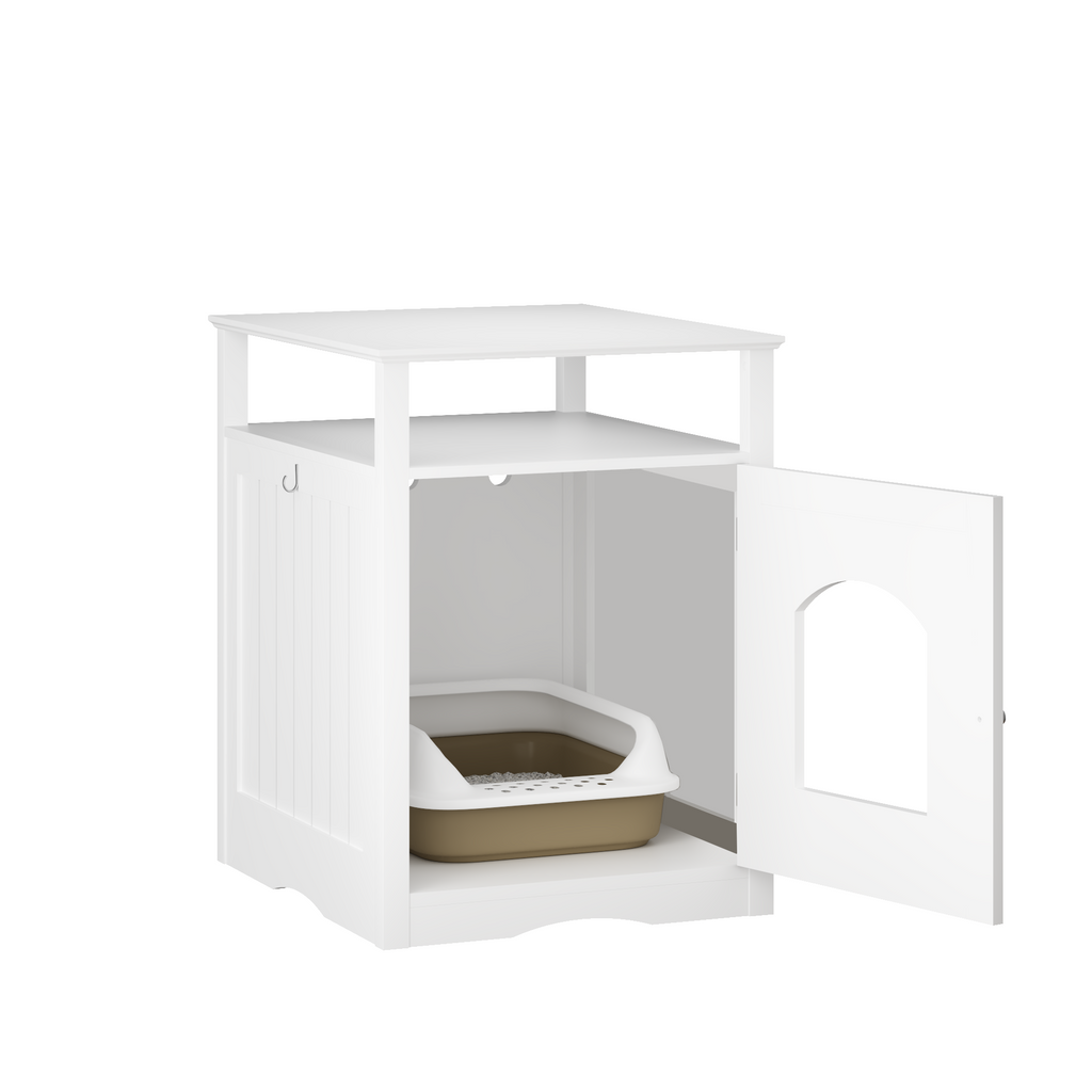 Litter Box Enclosure with Open Storage Shelf and Side Hook, Hidden Cat Litter Box Side Table, White