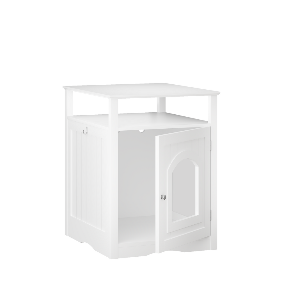 Litter Box Enclosure with Open Storage Shelf and Side Hook, Hidden Cat Litter Box Side Table, White