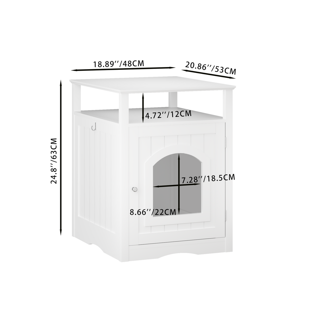 Litter Box Enclosure with Open Storage Shelf and Side Hook, Hidden Cat Litter Box Side Table, White
