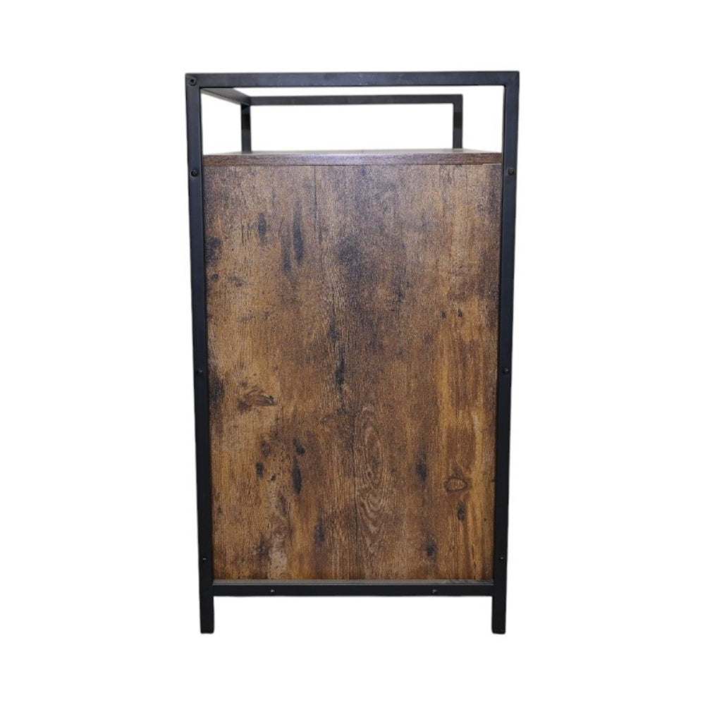 Litter Box Enclosure with Open Storage Shelves and Built-In Scratching Mat, Metal Frame, Rustic Brown