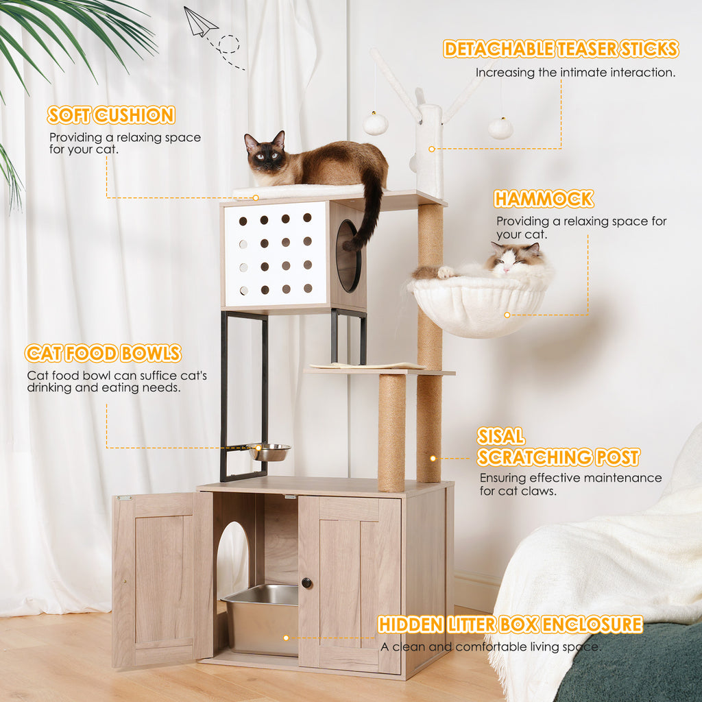 Cat Tree with Litter Box Enclosure, Multi-Level Cat Furniture with Condo, Hammock and Sisal Scratching Posts, Natural / White
