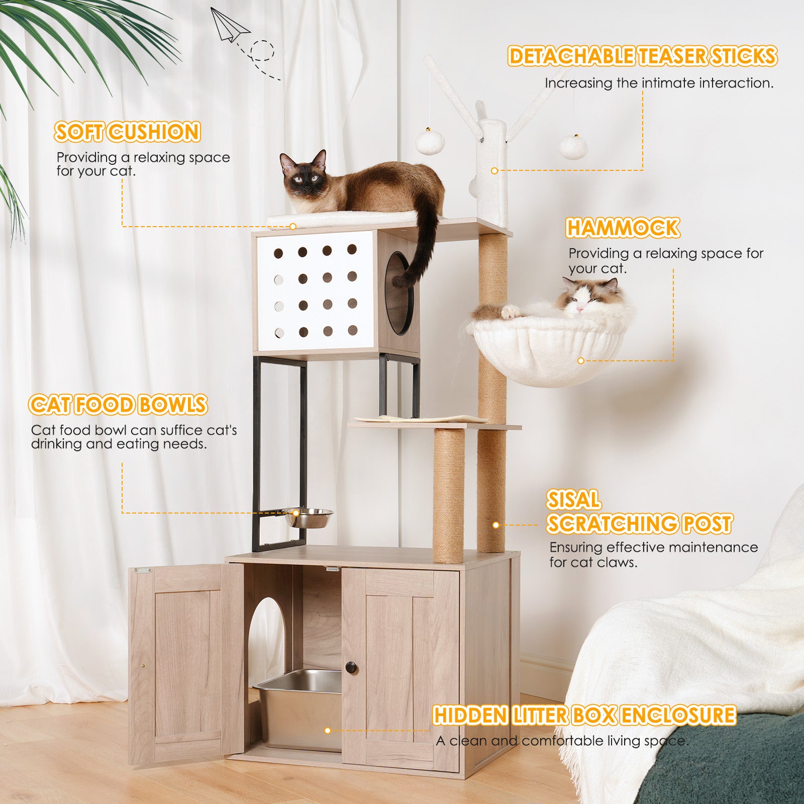 Cat Tree with Litter Box Enclosure, Multi-Level Cat Furniture with Condo, Hammock and Sisal Scratching Posts, Natural / White