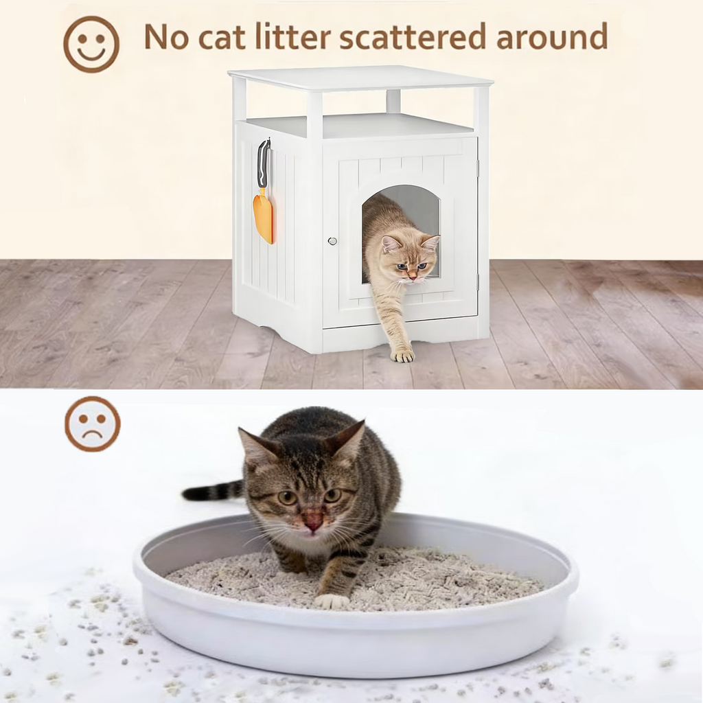 Litter Box Enclosure with Open Storage Shelf and Side Hook, Hidden Cat Litter Box Side Table, White