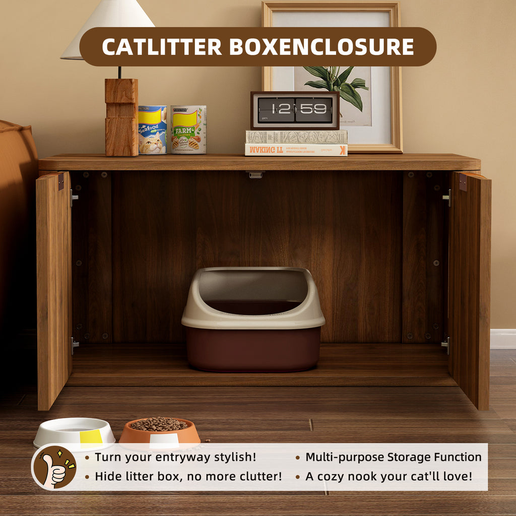 Mid-Century Modern Litter Box Enclosure with Reversible Side Entrance and Grooved Double Doors, Walnut