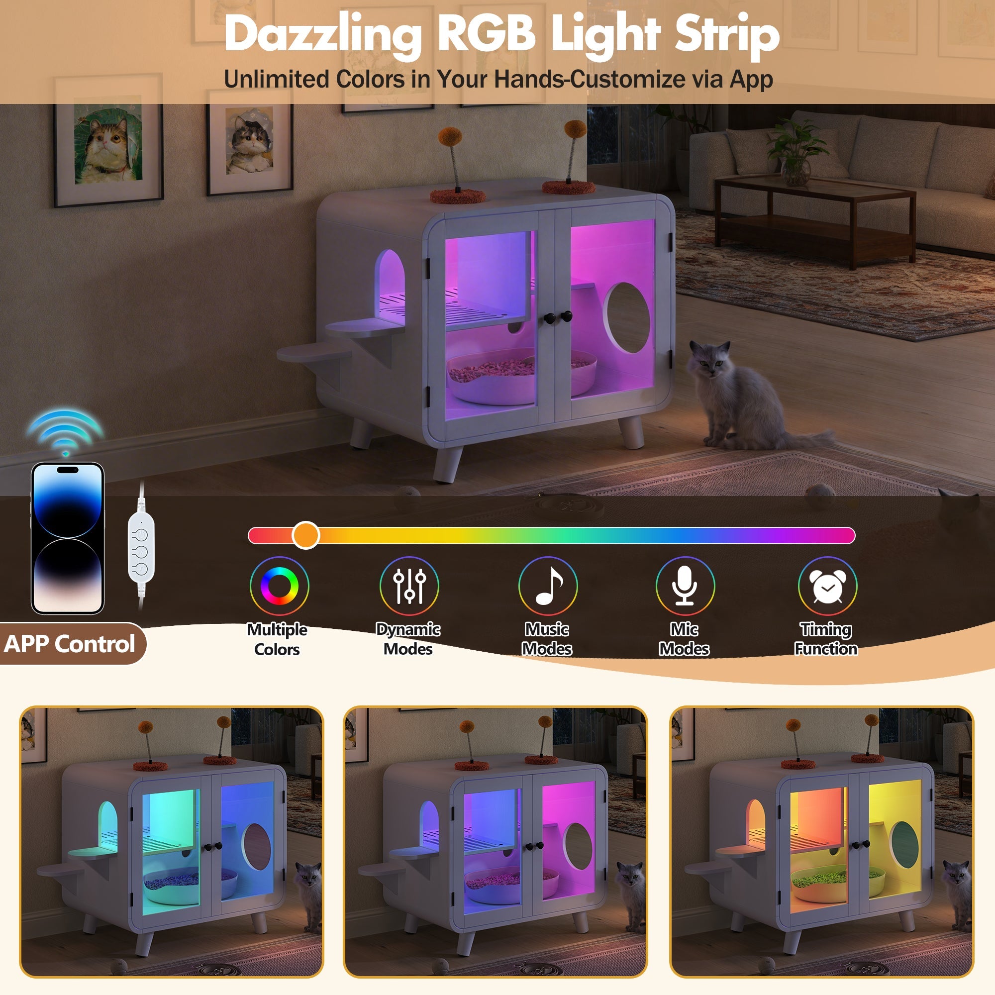 White RGB litter box enclosure with glass doors and cat steps