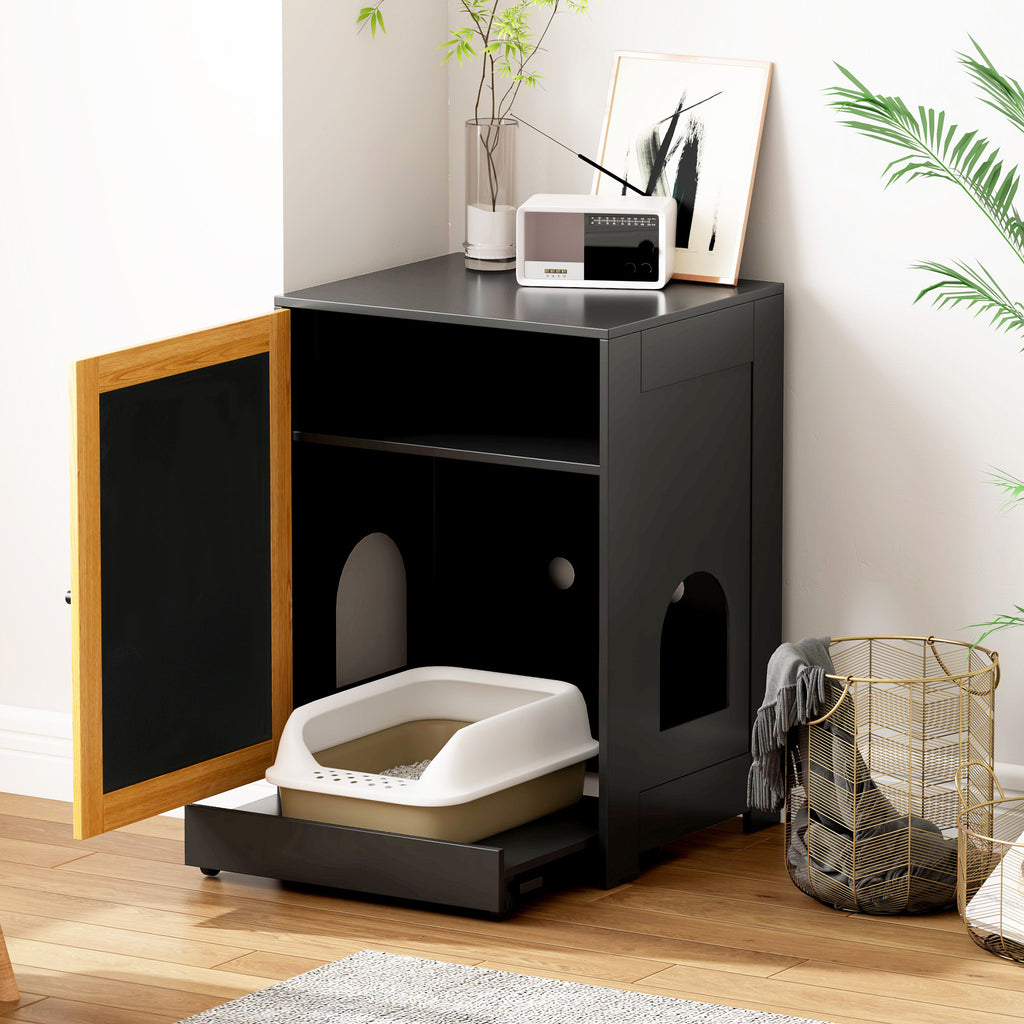 Litter Box Enclosure with Sisal Scratching Door, Pull-Out Litter Tray and Upper Storage Shelf, Black