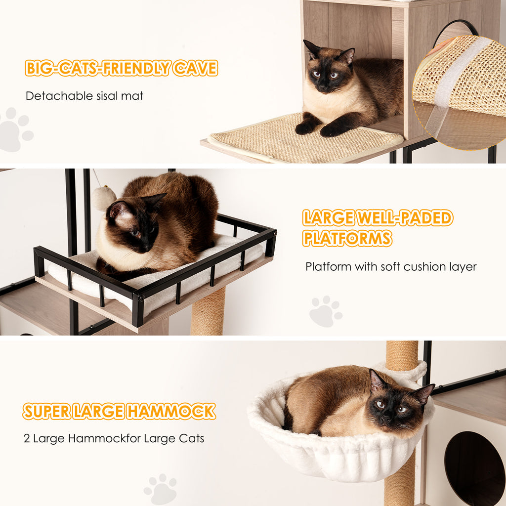 Cat Tree with Litter Box Enclosure, 63" Multi-Level Cat Furniture with Dual Condos, Hammocks and Scratching Posts, Natural / White