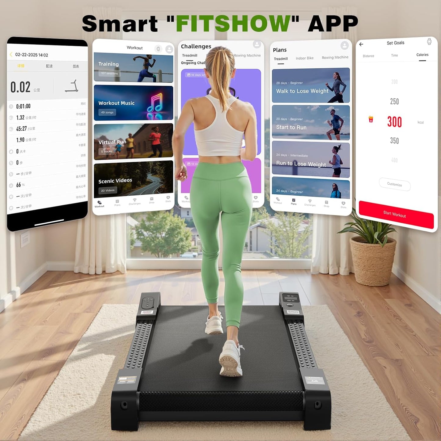 Walking Pad with Incline 5%, Treadmill with APP/Remote Control, 300lbs Capacity Running Machine, Portable with Transport Wheels, Shock-Absorbing Honeycomb Cushion, Treadmill for Home Use