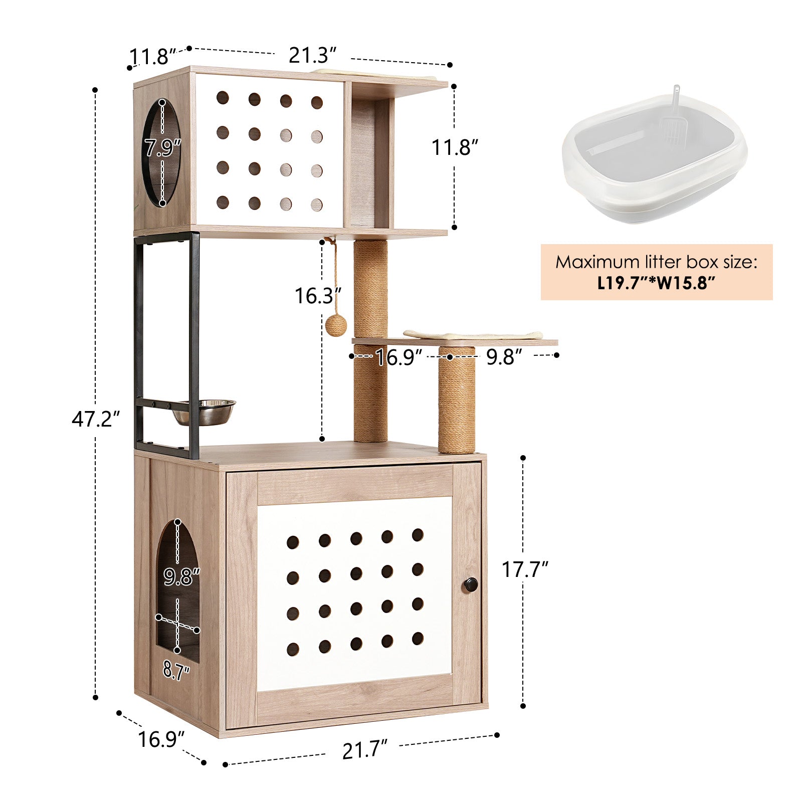 Cat Tree with Litter Box Enclosure, Multi-Level Cat Furniture with Scratching Posts, Cat Condo and Feeding Station, Natural / White