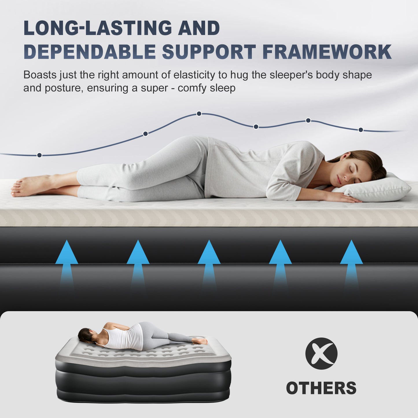 Queen Air Mattress with Built-in Pump, 18in Foam Topper Blow up Mattress, Quick Inflation/Deflation Inflatable Mattress for Home Guests Camping, Beige & Black