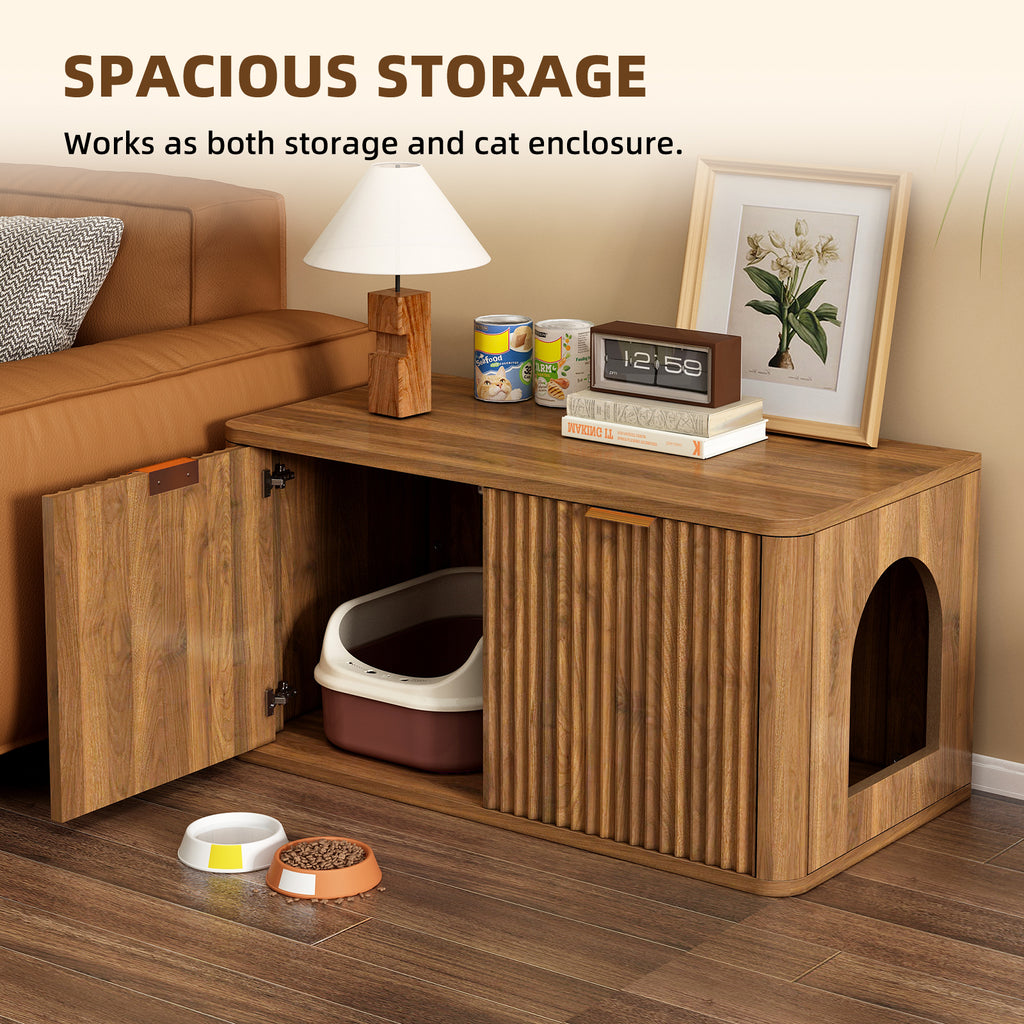 Mid-Century Modern Litter Box Enclosure with Reversible Side Entrance and Grooved Double Doors, Walnut