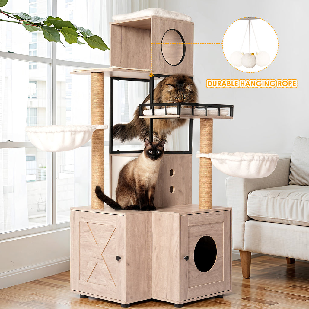 Cat Tree with Litter Box Enclosure, 63" Multi-Level Cat Furniture with Dual Condos, Hammocks and Scratching Posts, Natural / White