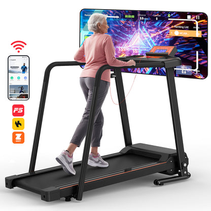 Walking Treadmill for Senior with Long Handrail, 300 lbs Capacity, 3 HP Quiet Motor, Recovery Fitness Exercise Machine Foldable Elderly Treadmills for Home with LCD Display, Holder for Phone & Cup