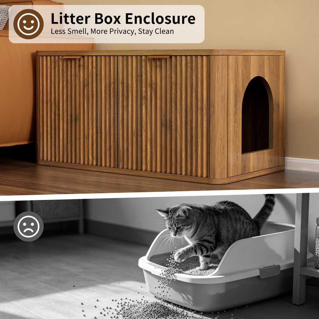 Mid-Century Modern Litter Box Enclosure with Reversible Side Entrance and Grooved Double Doors, Walnut