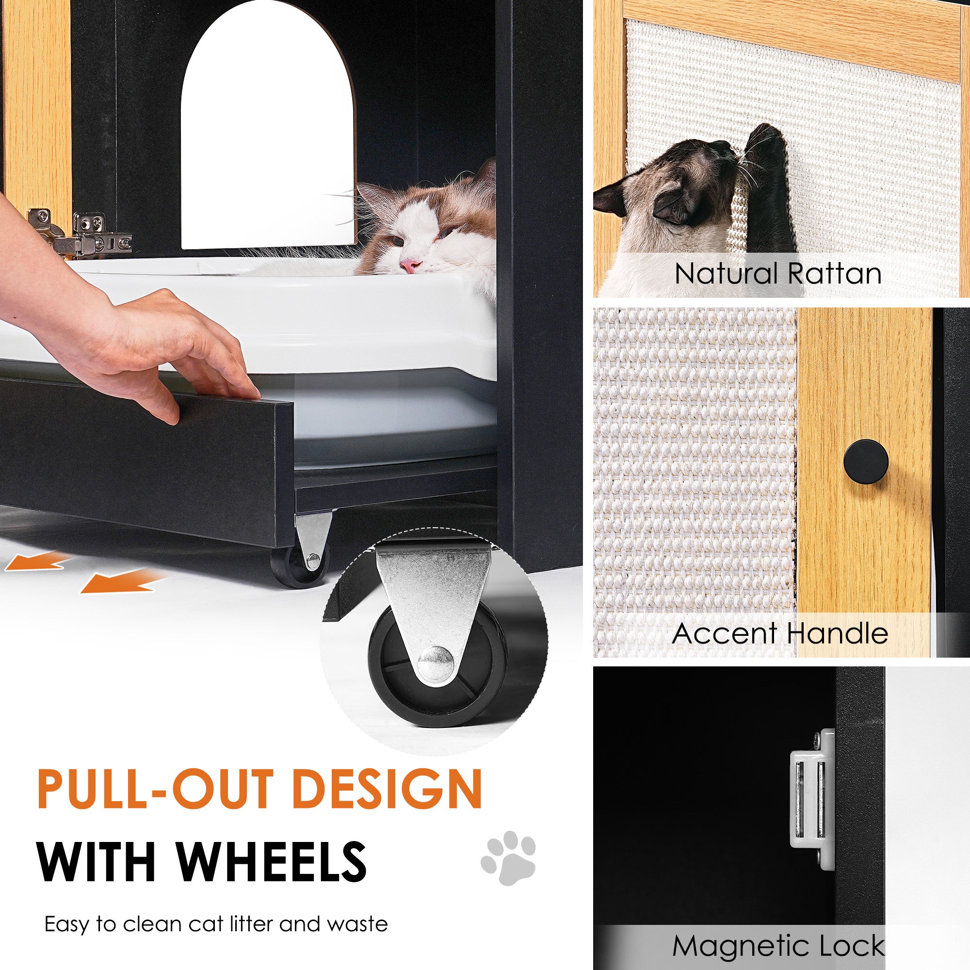Litter Box Enclosure with Sisal Scratching Door, Pull-Out Litter Tray and Upper Storage Shelf, Black
