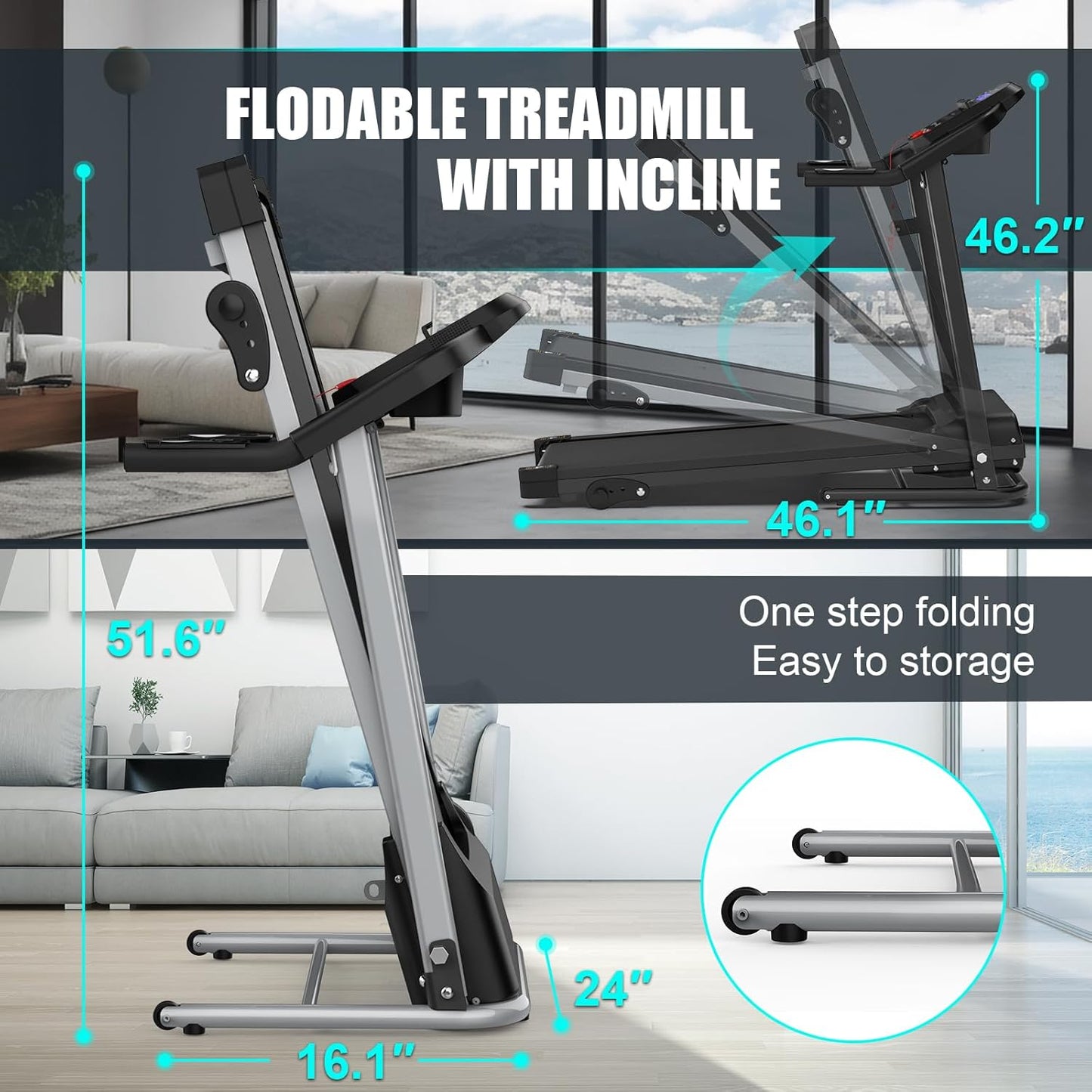 Compact Folding Treadmill for Home - 2.5HP Quiet Brushless Motor, 3-Level Incline, 7.5 MPH, Shock Absorption, Space-Saving Design for Running, Walking - Treadmill for Small Spaces & Home Use