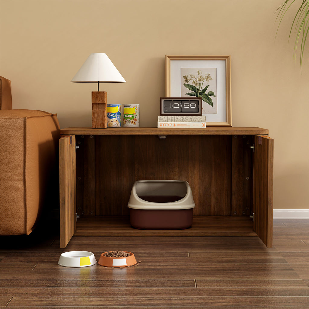 Mid-Century Modern Litter Box Enclosure with Reversible Side Entrance and Grooved Double Doors, Walnut
