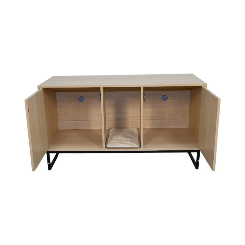 Litter Box Enclosure with Double Doors, Center Cat Entry and Scratching Mat on Metal Base, Light Brown