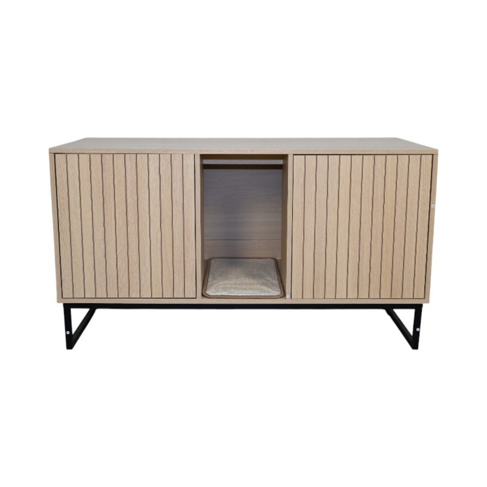 Litter Box Enclosure with Double Doors, Center Cat Entry and Scratching Mat on Metal Base, Light Brown