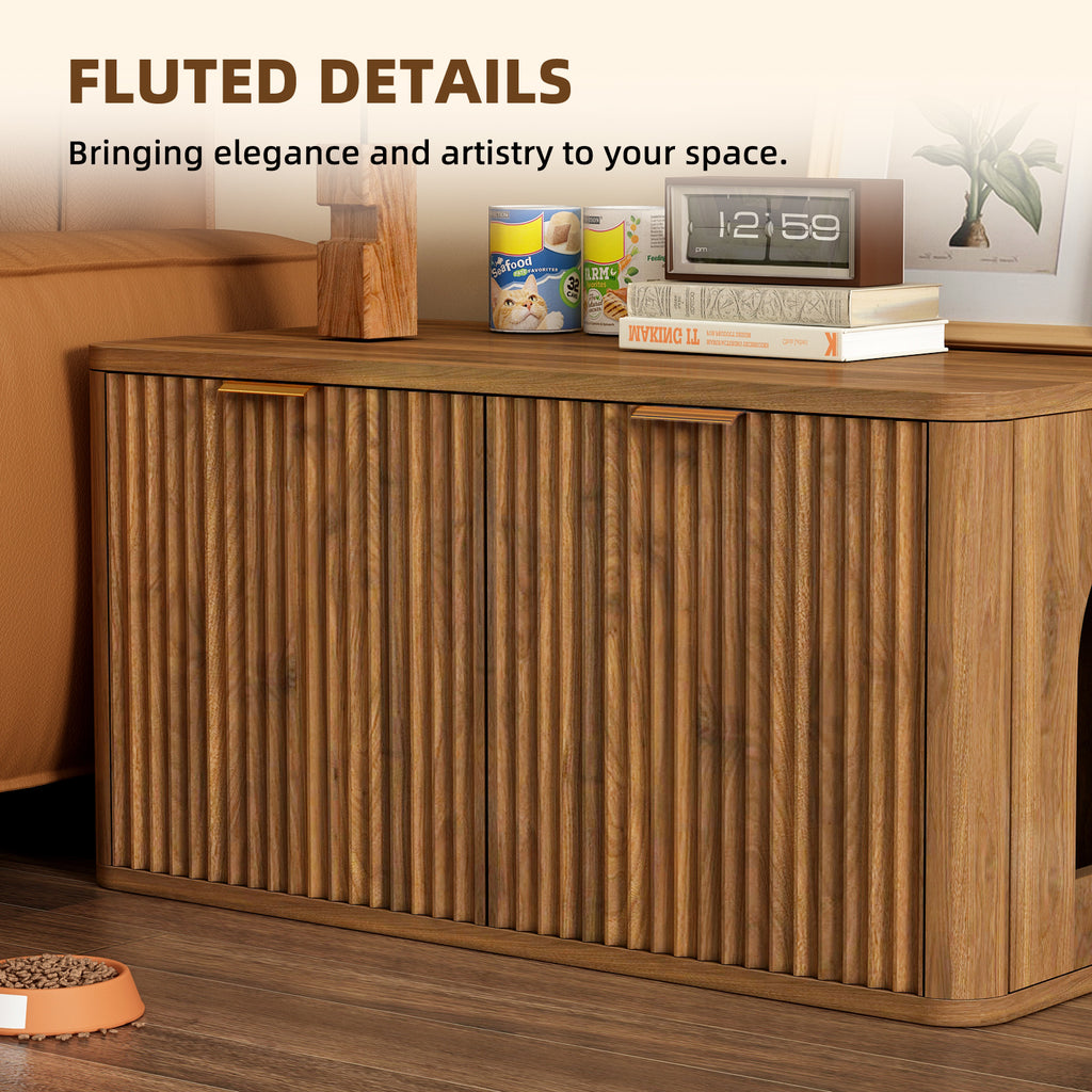 Mid-Century Modern Litter Box Enclosure with Reversible Side Entrance and Grooved Double Doors, Walnut