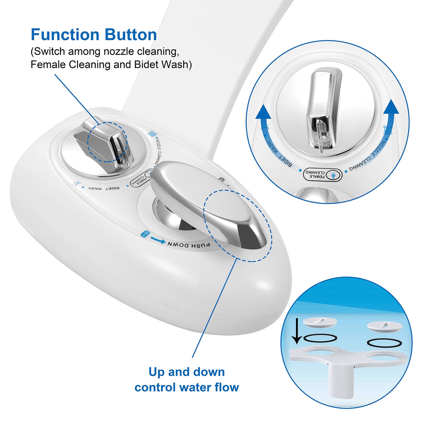 2-Mode Bidet for Toilet, Bidet Wash & Gentle Female Wash Nozzles (Ideal for Pregnant Women), Self-Cleaning Retractable Nozzle, Easy Installation on Standard 2-Piece Toilets