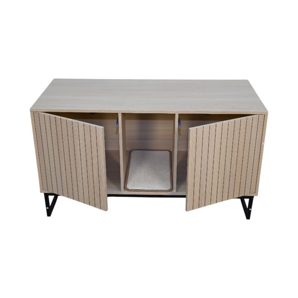 Litter Box Enclosure with Double Doors, Center Cat Entry and Scratching Mat on Metal Base, Light Brown