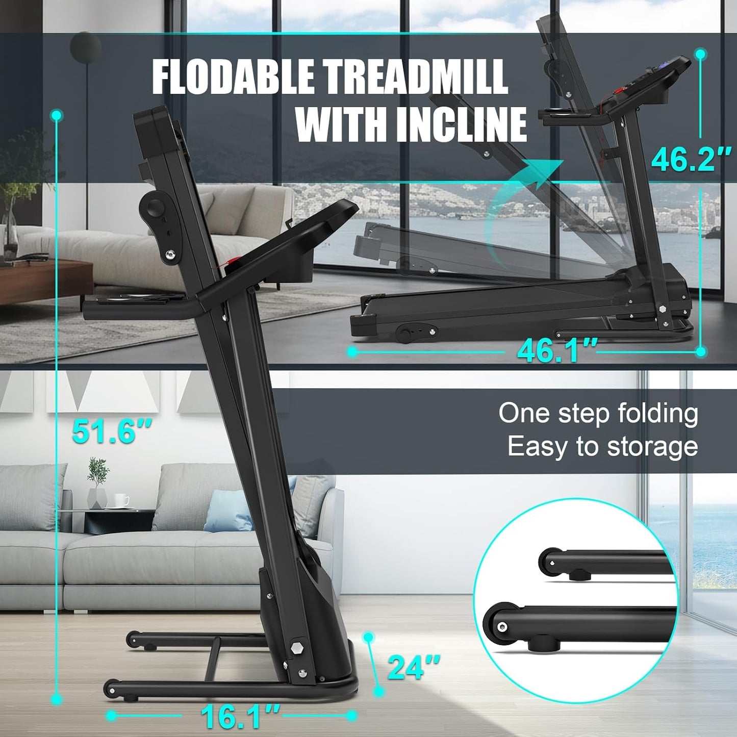 Compact Folding Treadmill for Home - 2.5HP Quiet Brushless Motor, 3-Level Incline, 7.5 MPH, Shock Absorption, Space-Saving Design for Running, Walking - Treadmill for Small Spaces & Home Use