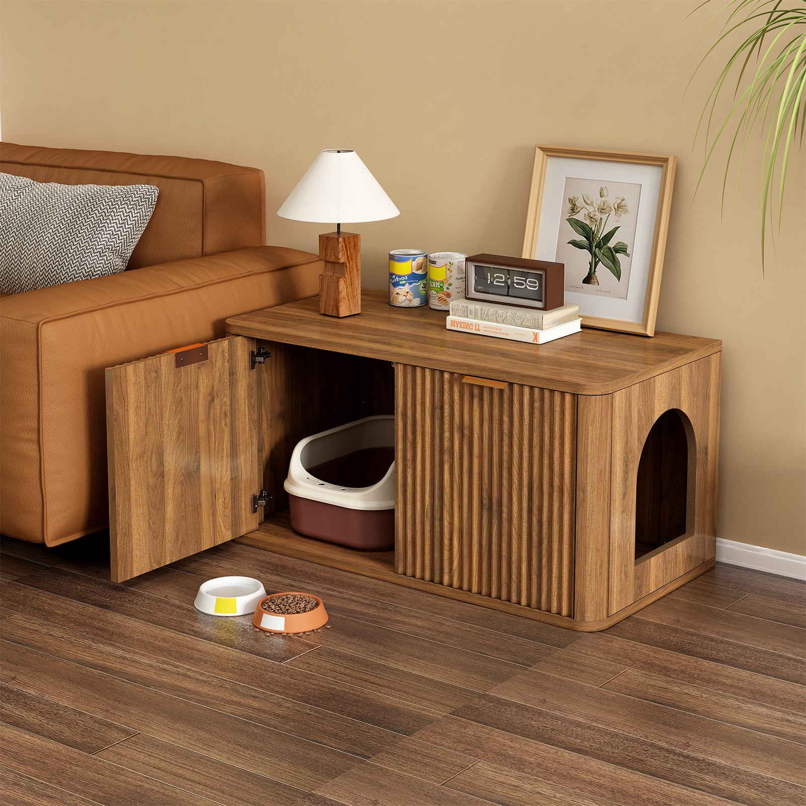 Mid-Century Modern Litter Box Enclosure with Reversible Side Entrance and Grooved Double Doors, Walnut