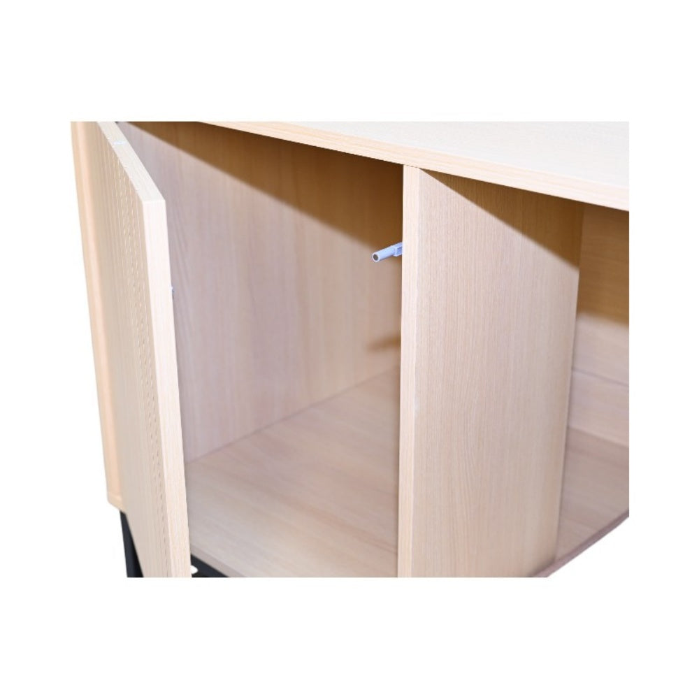 Litter Box Enclosure with Double Doors, Center Cat Entry and Scratching Mat on Metal Base, Light Brown