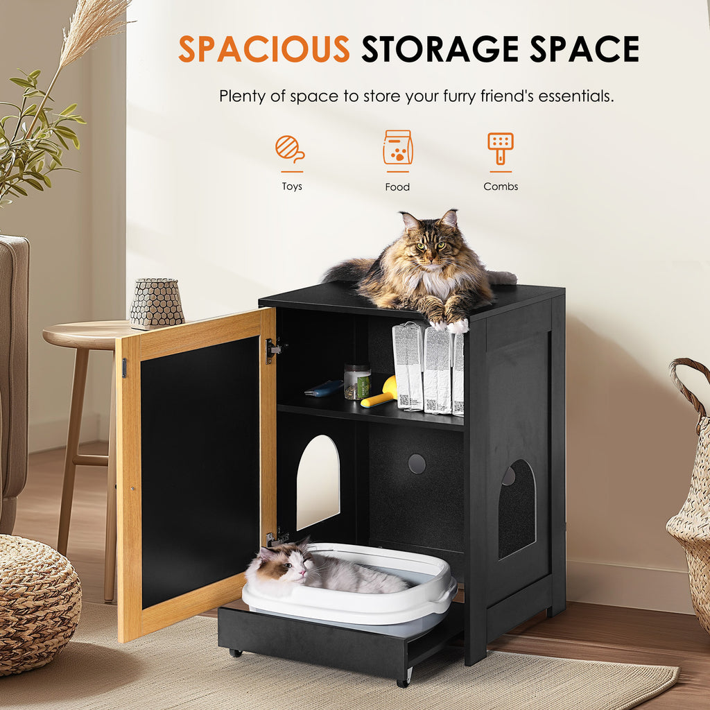 Litter Box Enclosure with Sisal Scratching Door, Pull-Out Litter Tray and Upper Storage Shelf, Black