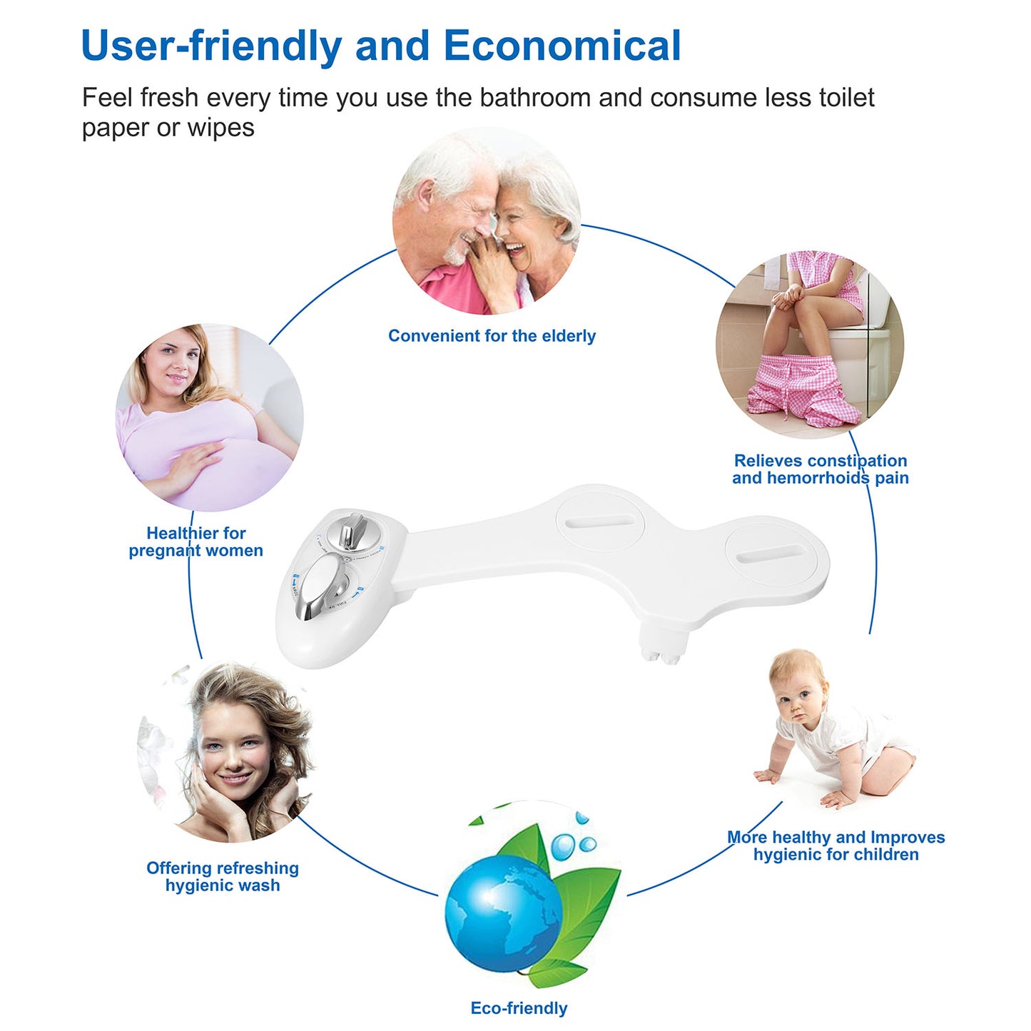 2-Mode Bidet for Toilet, Bidet Wash & Gentle Female Wash Nozzles (Ideal for Pregnant Women), Self-Cleaning Retractable Nozzle, Easy Installation on Standard 2-Piece Toilets