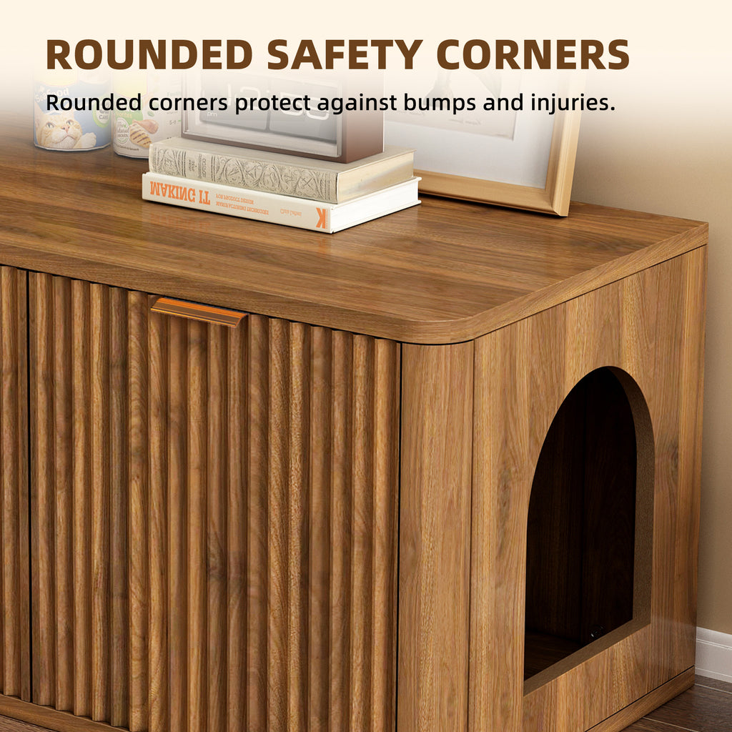 Mid-Century Modern Litter Box Enclosure with Reversible Side Entrance and Grooved Double Doors, Walnut