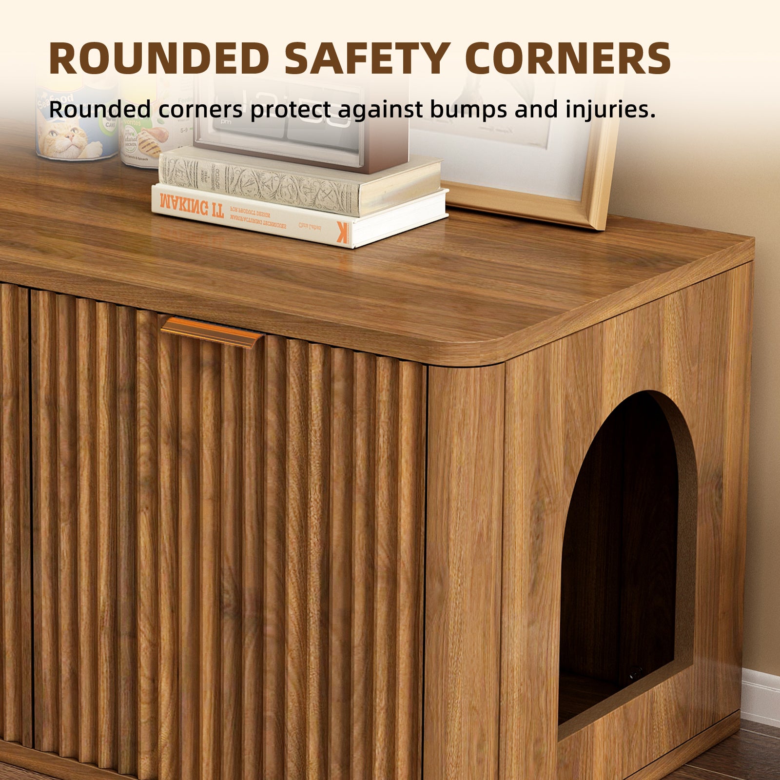 Mid-Century Modern Litter Box Enclosure with Reversible Side Entrance and Grooved Double Doors, Walnut