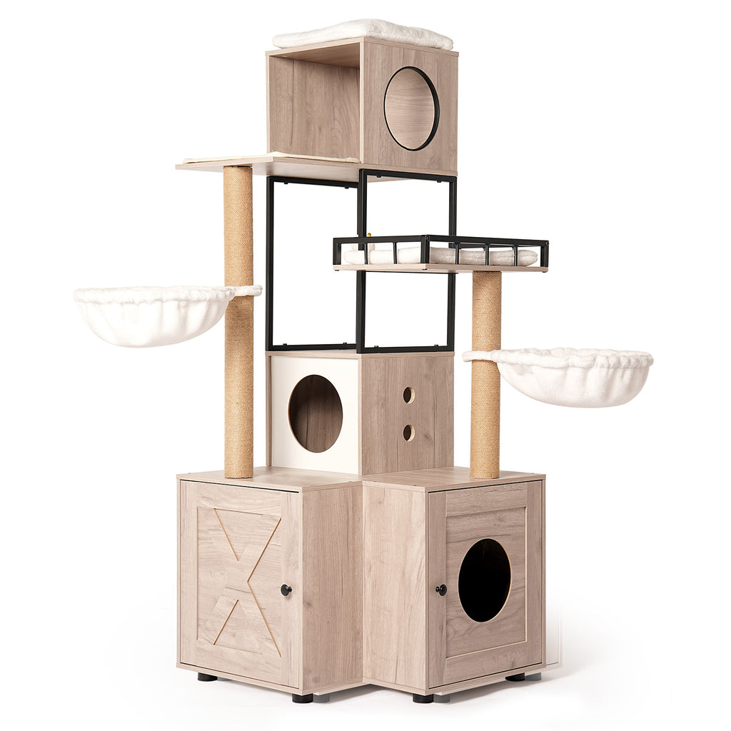 Cat Tree with Litter Box Enclosure, 63" Multi-Level Cat Furniture with Dual Condos, Hammocks and Scratching Posts, Natural / White